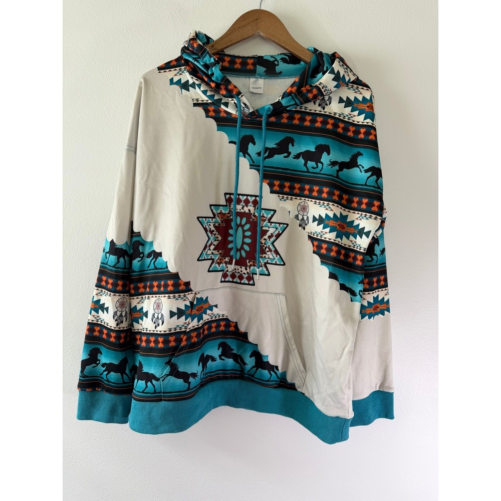 anaoree Women's Large Southwestern Horse Print Hoodie Teal Cream Western Boho - Picture 2 of 9